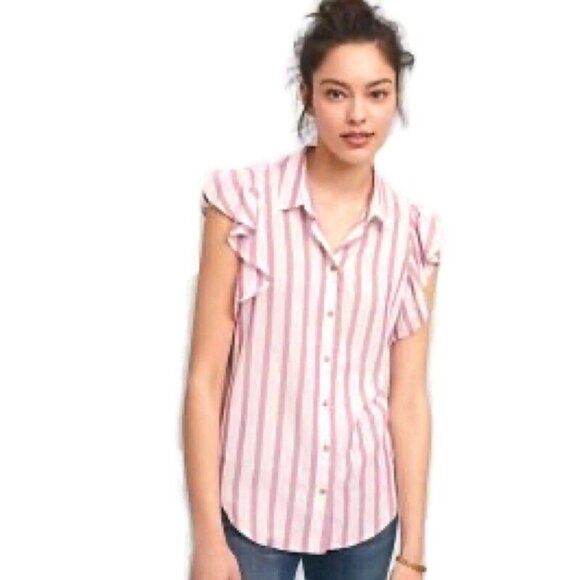 Anthropologie Maeve Fairhope Striped Button Down Flutter Sleeve Top Red White S - Picture 1 of 10
